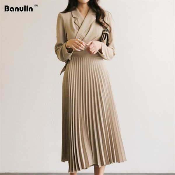 

spring runway long party dress women's sleeve v neck bow sashes blazer jacket office pleated chiffon dresses 210603, Black;gray