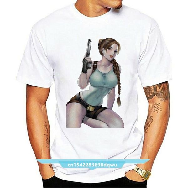 

men's t-shirts tomb raider lara croft gun holding white t shirt, White;black