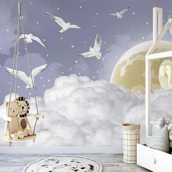 

wallpapers custom self-adhesive mural 3d hand painted fantasy purple starry sky bird wallpaper children's bedroom background wall stick