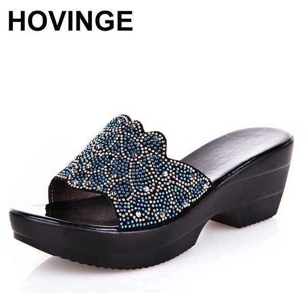 

summer women genuine leather sandals shoes rhinestone slippers big size non-slip fashion shoe, Black