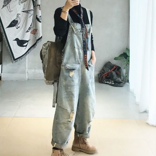 

women's jeans loose vintage denim woman's overalls fall winter ripped hole cowgirl streetwear women's casual pants  l aoku, Blue