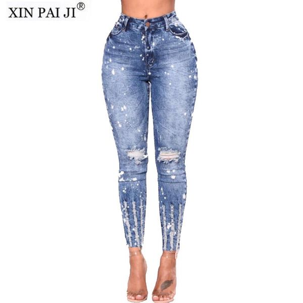 

spring summer stretchy blue hole ripped jeans woman denim pants trousers for women pencil skinny women's