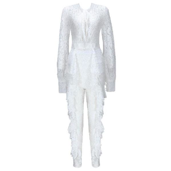 

women's jumpsuits & rompers sheer white lace jumpsuit bodysuit women see through ruffle party clothes long sleeve overall club bodycon, Black;white