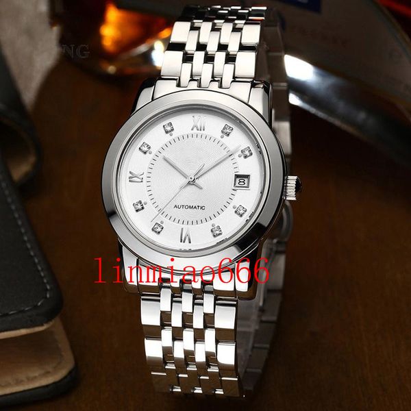 

couple luxury high-quality 38mm automatic watch, white dial, silver stainless steel case, strap, folding clasp, Slivery;brown