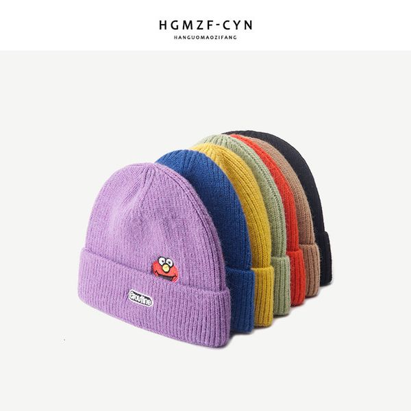 

hat girl autumn and winter cute cartoon embroidered wool sweet versatile warm knitted melon skin hat, Yellow
