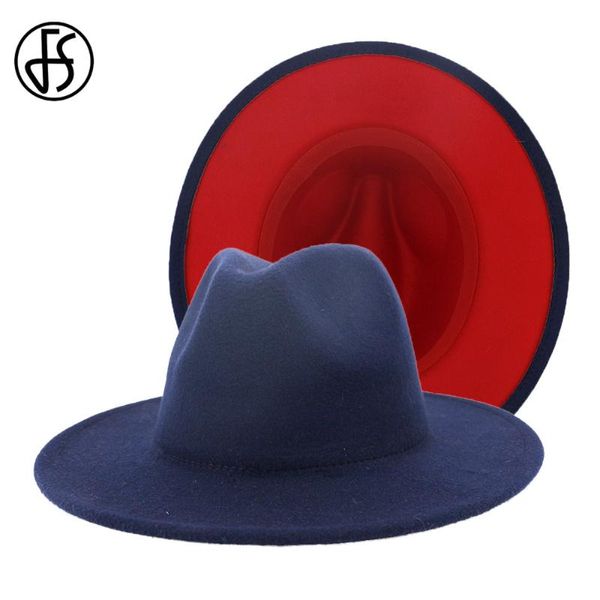 Britischer Stil Marineblau Roter Hut Patchwork Filz Jazz Cap Männer Frauen Flache Krempe Wolle Fedora Hüte Panama Trilby Vintage Breit
