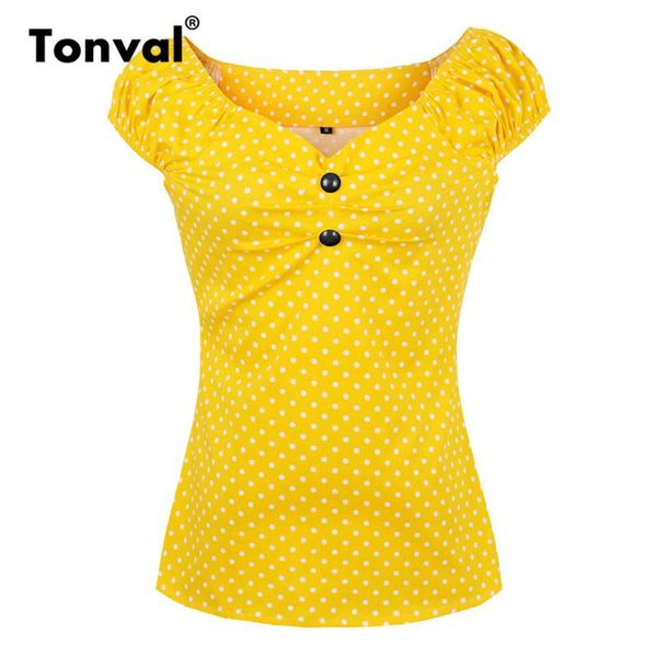 

women's blouses & shirts tonval cotton dotted vintage blouse shirt women off shoulder v neck 2021 cap sleeve summer yellow office, White