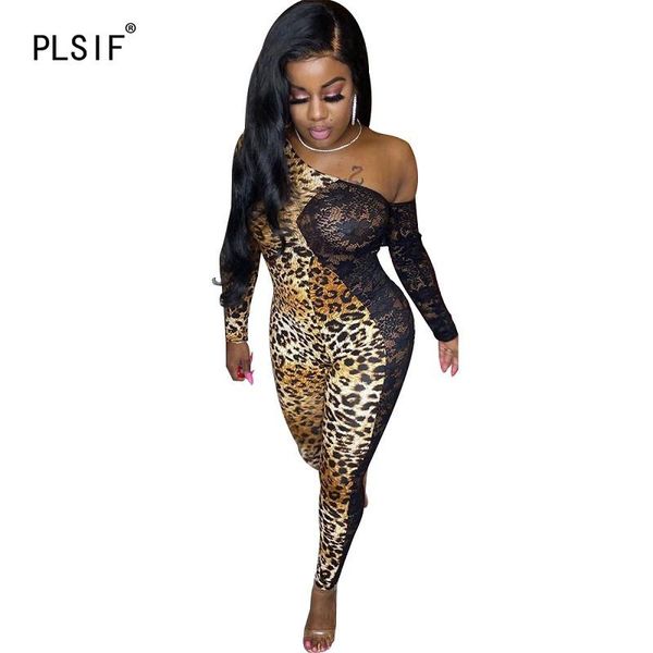 

women's jumpsuits & rompers leopard / lace spliced women skew collar one piece set catsuits full length sports, Black;white