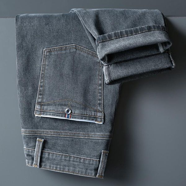 

men's jeans slim straight-leg business casual pants male autumn winter stretch tide brand diagonal pocket gray trousers, Blue