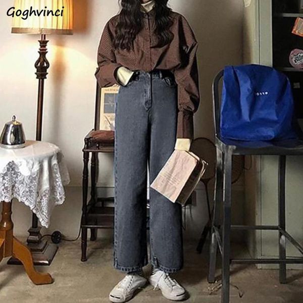 

women's jeans women wide leg loose simple straight denim side slit trousers female vintage korean style retro teens all-match trendy, Blue