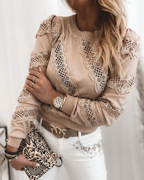 

women's sweaters elegant women solid lace frill hem hollow out casual stitching long sleeve round neck and, White;black