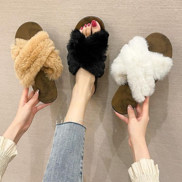 

slippers winter women house furry fashion faux fur warm shoes slip on flats female home slides black plush indoor outdoor