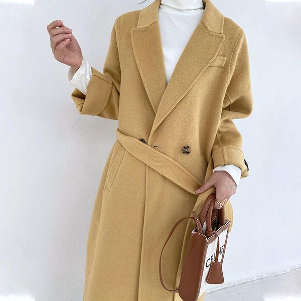

women's wool & blends [ewq] korea chic 2021 autumn winter double-sided tweed coat temperament fashion kaschmir mantel long female 16e39, Black