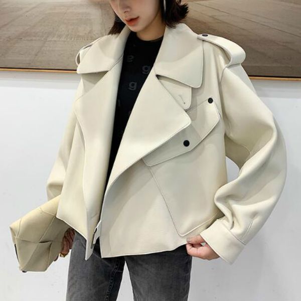 

leather women's loose lapel pu short jacket korean motorcycle solid white black leather outerwear