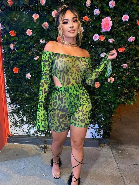 

women's tracksuits mesh leopard print hollow out slash neck flare sleeve bodysuits+shorts two piece set women fashion summer 2021 clubw, Gray