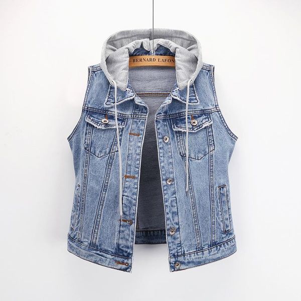 

women's vests plus size short denim vest women detachable hooded coat spring summer side pockets sleeveless jeans jacket female -5xl, Black;white
