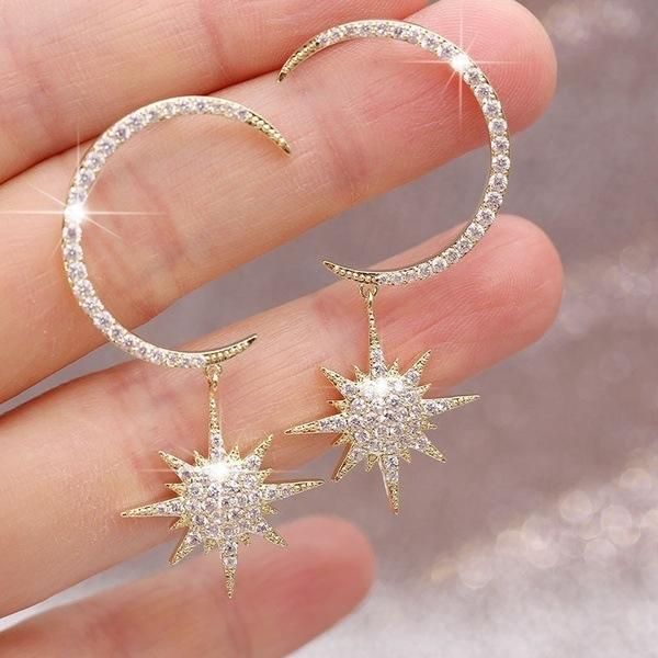 

stud 2021 trendy gold silver color moon star anise earrings for girl lovers love party gift jewelry wholesale moonso e5621, Golden;silver