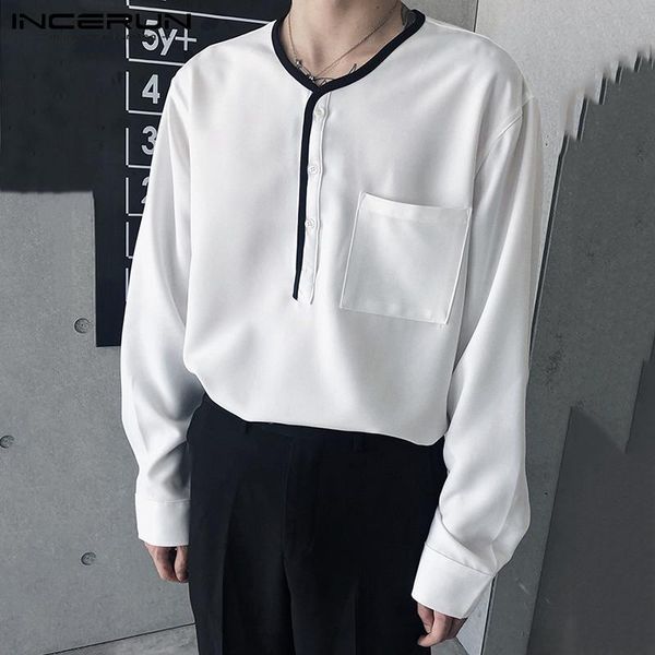 

fashion men casual shirt korean style patchwork long sleeve v neck button chic blouse streetwear thin shirts camisas men's, White;black