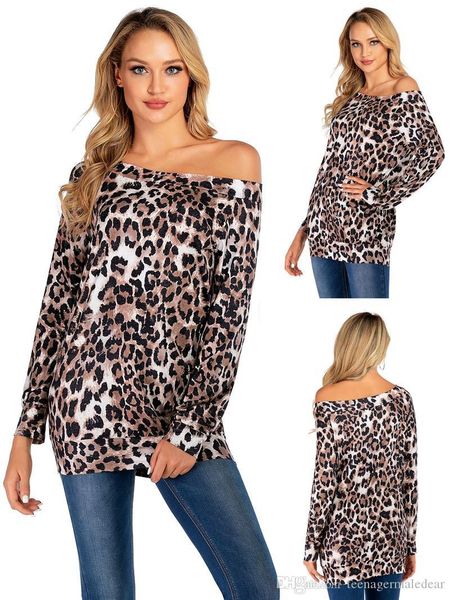 

Womens Designer T Shirts Leopard and Plaid Printed Autumn Casual Sexy Long Sleeved One Shoulder T Shirts Womens Fashion Tees