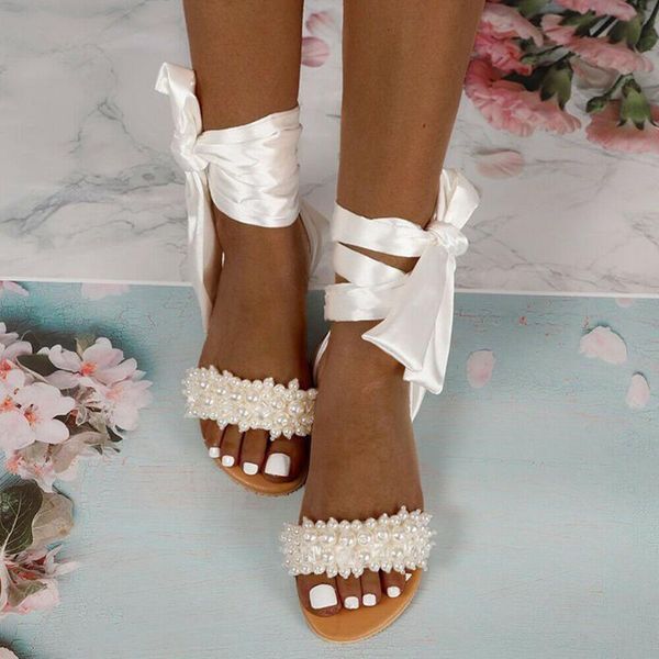 

sandals womens ankle strappy pearl beading flat summer open toe party shoes, Black
