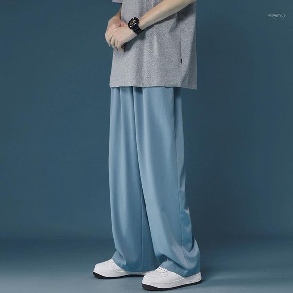 

men's pants summer wide-leg fashion solid color breathable casual men korean loose straight ice silk mens trousers, Black