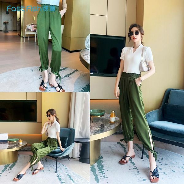 

women's pants & capris fast fish casual elastic waist korean style fashion loose thin cropped, Black;white
