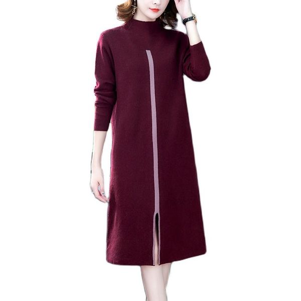 

autumn winter women base dress fashion split hem half turtleneck knitted sweater casual dresses, Black;gray