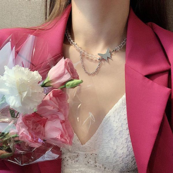 

chains transparent round bead butterfly necklace cold wind clavicle chain punk style design sense creative personality item, Silver