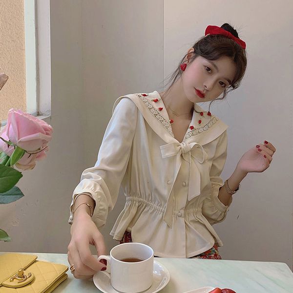 

women's white sea collar shirt early autumn retro-joker thin waist wear long-sleeve jacket