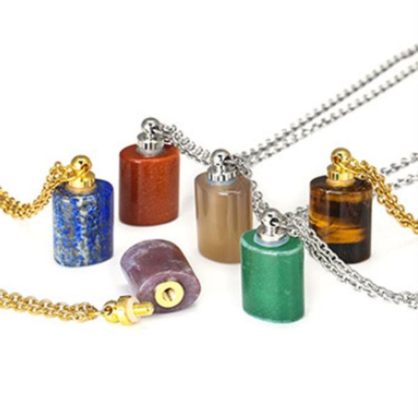 

chains pendant for car square shape trendy perfume bottle natural stone necklace jewelry gift oil diffuser vial, Silver