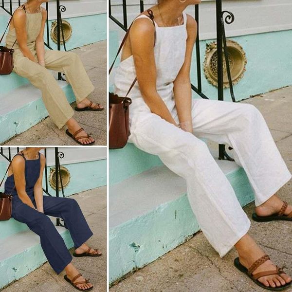 

women's jumpsuits & rompers celmia backless women fashion summer straps linen casual solid wide leg pants plus size overalls pantalon, Black;white