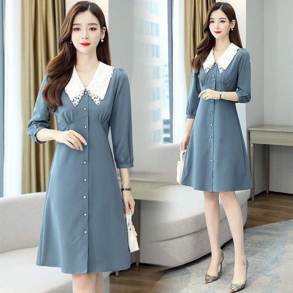 

3xl plus size spring autumn black vintage lace stitching midi dress korean sweet elegant women party bodycon vestidos 210528, Black;gray