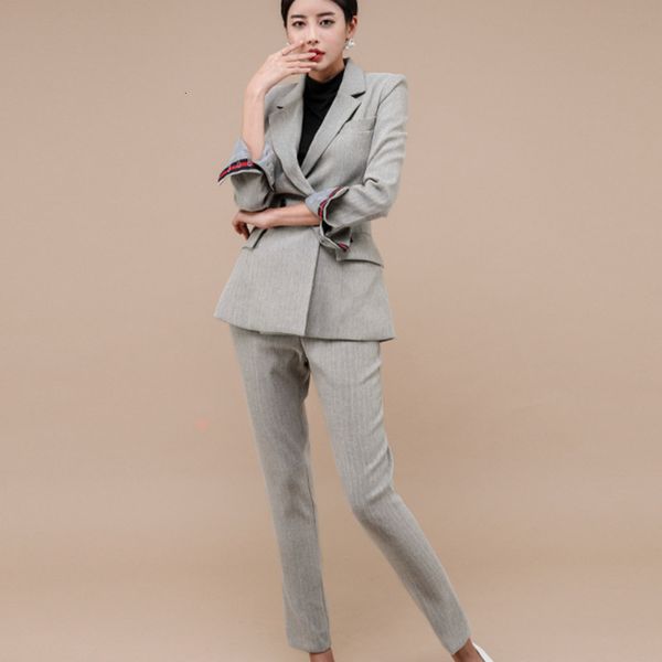 

pant autumn winter formal ol office work two women double button blazer coat + pencil pants ladies fashion 2 piece set xbuz, White