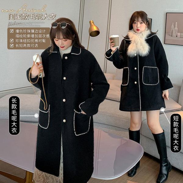 

women's wool & blends day han edition of 2021 autumn winters big yards dress 200 catties more fertilizer nail bead cloth long/jacket 60, Black