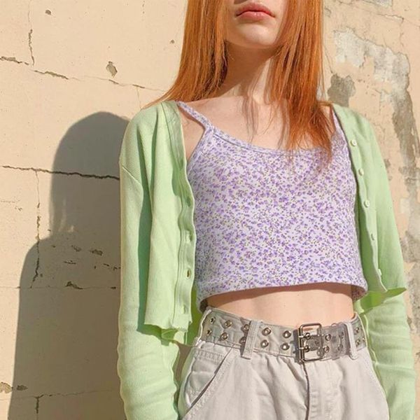

womens camis women violets print sleeveless strappy crop cute summer fashion streetwear outfits sling vest cami harajuke, White