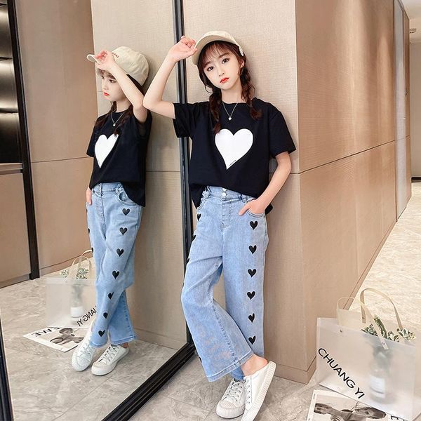 

clothing sets girls set summer short sleeve t shirt jeans two-piece suit for kids clothes denim wide-leg pants fashion child outfits, White