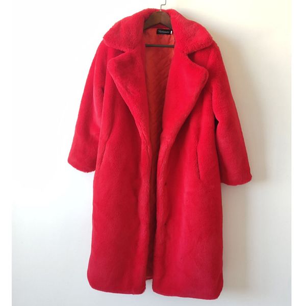 

faux fur trench coat women's jacket coats winter women long outerwear luxury female loose lapel plush overcoat 210419, Black