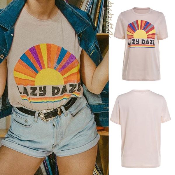 

women's t-shirt lazy daze 2021 ladies fashion loose round neck printing short-sleeved trend street shooting, White