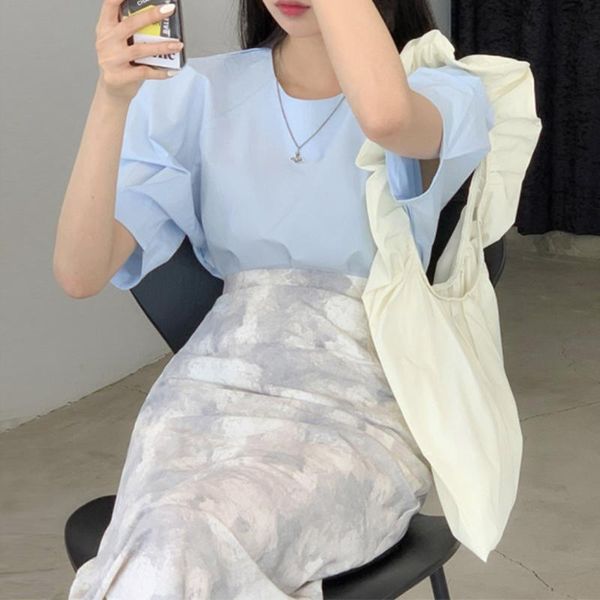 

women's blouses & shirts korean chic simple o neck puff sleeve woman blouse loose casual office ladies women elegant sweet hipster blus, White