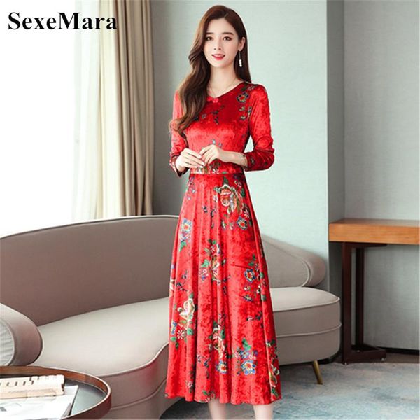

casual dresses 2021 long velvet dress fashion o-neck print improved version sleeve section slim waist temperament, Black;gray
