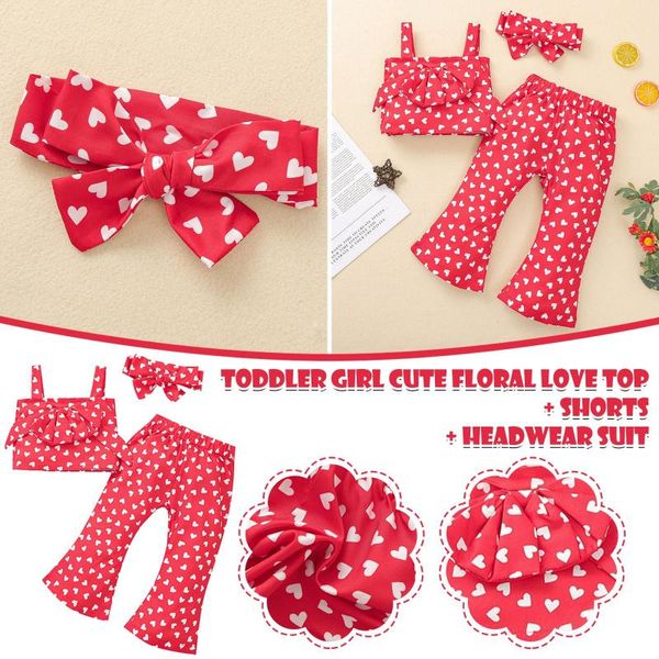 

baby girl clothes sets toddler kids girls red love print bow suspender vest pants outfits set shorts roupa infantil clothing, White