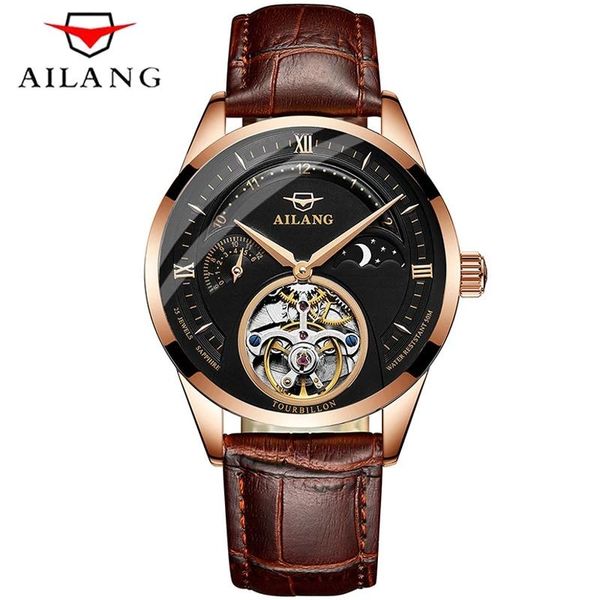 

wristwatches ailang men's automatic mechanical moon phase display perspective hollow fully calendar tourbillon leather watch wrist 8607, Slivery;brown