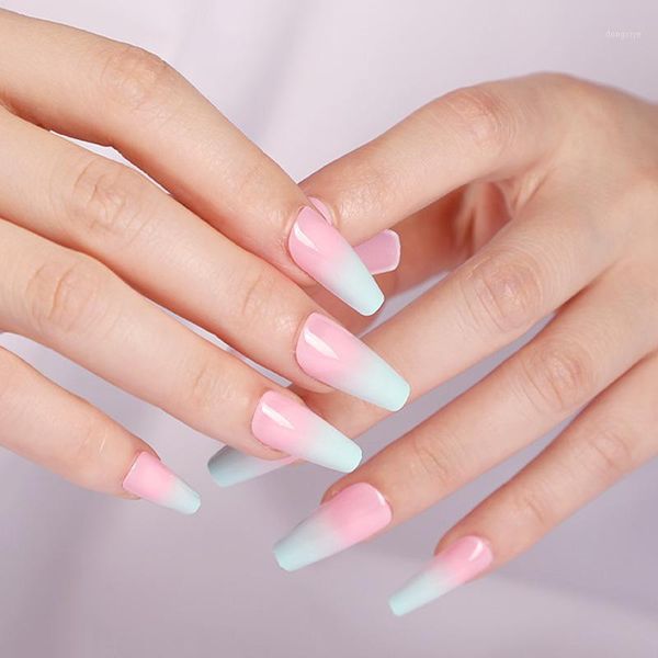 

24pcs pink green color gradient long coffin style ballet fake nails press on fresh girl daily false with adhesive1, Red;gold