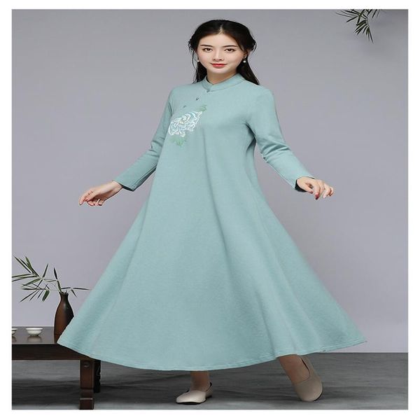 

casual dresses spring 2021 chinese style retro women's cheongsam dress zen tea printed, Black;gray