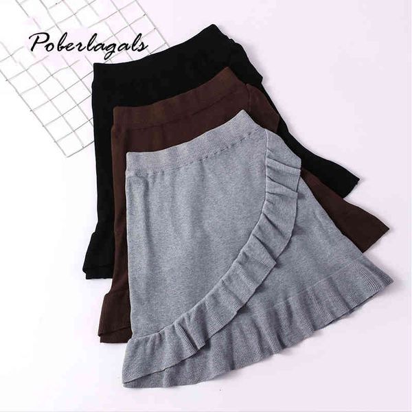 

skirts autumn winter women knitting skirt womens lady knit retro grey irregular ruffled pleated a-line hip skirt female skirts fxu, Black