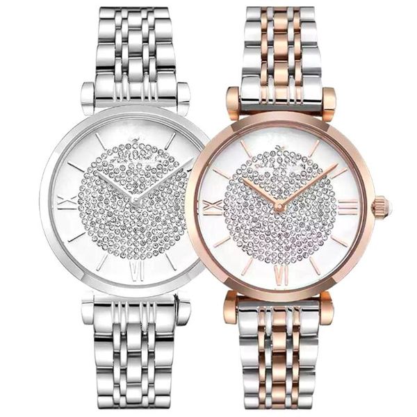 

wristwatches women paved rhinestone roman numerals round dial alloy band analog quartz watch ladies dress watches gift luxury christmas, Slivery;brown