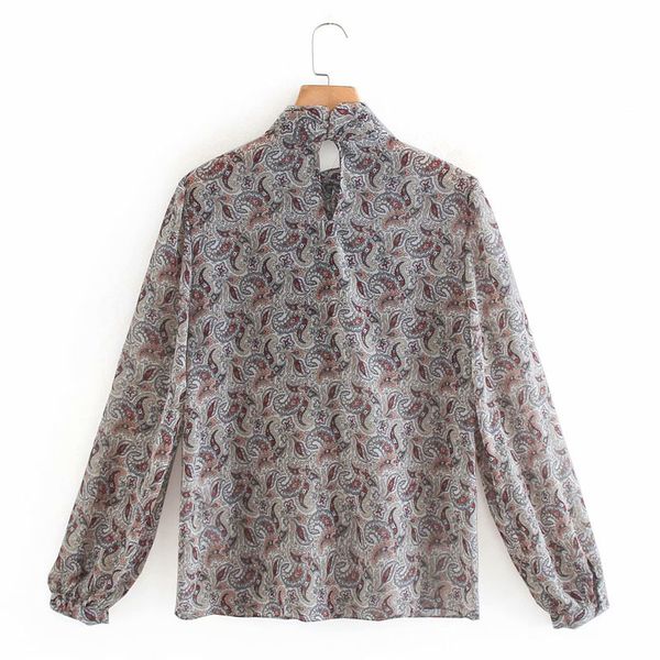 

blouses sweet bow tie long sleeve women's chiffon shirt retro fashion printing with buttons female chic, White