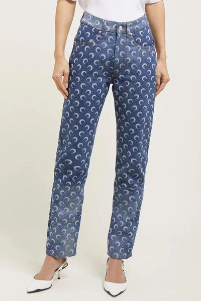 

women's jeans 2021 spring summer printed moon pattern slim panel crescent logo ankle-lenght pants, Blue