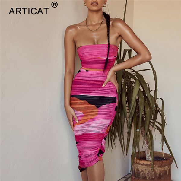 

2021articat strapless print ruched dress for women sleeveless mini dresses ladies streetwear backless elasitc mesh vestidos, Black;gray