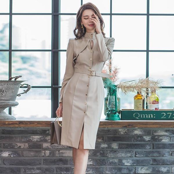 

casual dresses autum korean elegant office ol pencil dress women slim single-breasted sheath business work bodycon vestidos with sashes, Black;gray